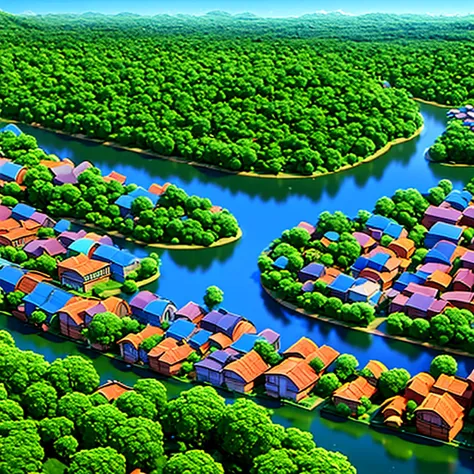 urban city with forest on the side. river divides the city from the forest. many animals in the forest, ounce, elephants, birds....