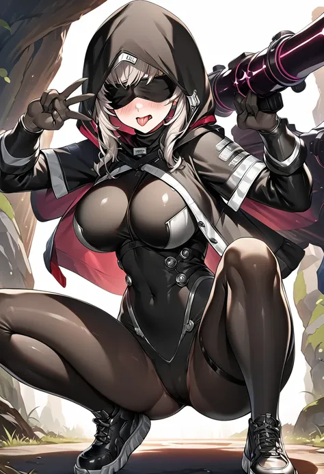 (hands_up, double piece_sign, double_v:1.1, two up fingers), hood, jacket, body suit, black clothes, black wear, (((black tights))), weapon, cowboy shot, (((blindfold))), beautiful face, masterpiece, super fine illustration, ultra high res, masterwork, bes...