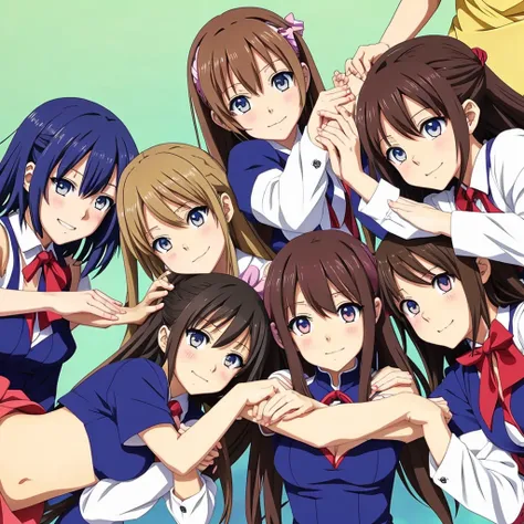 Five anime girls stacking hands together in a pile in anime style