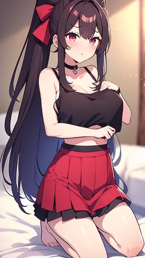 high tail hairstyle, Ponytail hairstyle, Long wavy black hair, standing posing, anime girl style, pixel art anime style,penetrating look with deep eyes,red and purple eyes, hair with a ponytail hairstyle trapped with a big red bun, women, red hair clips, x...