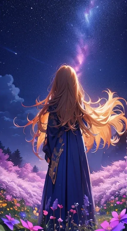 １people々々々々々々々々,Blonde long-haired woman，Fairy， Dress Silhouette， Rear View，Space Sky, Flower Field，Colorful flowers