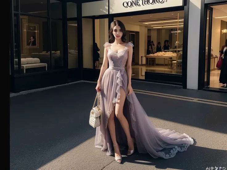 8K picture quality，Good quality，masterpiece，Ultra-clear picture quality，Super rich detail，Real details，A beautiful Asian woman，Stand in a large high-end shopping mall，Commercial shopping plaza，Behind you is a shop with lights，Brightly lit，Women are beautif...