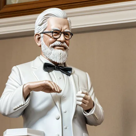 Create a detailed 3D statue of Colonel Harland David Sanders, the founder of KFC, depicted at approximately 35 years old.The model should depict Colonel Sanders with a smiling face,He should be in a traditional wai (hands in prayer) gesture. The statue sho...