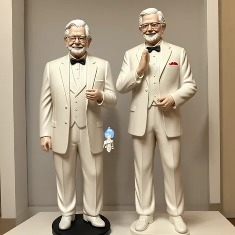 Create a detailed 3D statue of Colonel Harland David Sanders, the founder of KFC, depicted at approximately 35 years old.The model should depict Colonel Sanders with a smiling face,He should be in a traditional wai (hands in prayer) gesture. The statue sho...