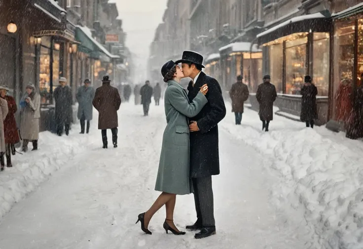 Vintage photography style, Art Deco，best quality,8K,high resolution,Very detailed，very clearly，Snowy Days，Commercial Street，（Many fashionable boys and girls are shopping），（Warm and lively atmosphere）， Delicate texture，Smooth visible velvet，Wear pearl jewel...