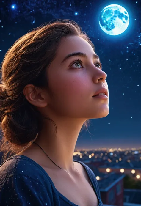 a beautiful girl on the rooftop gazing at the stars, detailed face and eyes, intricate starry sky, moonlit night, atmospheric lighting, cinematic composition, dream-like fantasy, vibrant colors, digital art, 4k, highly detailed, photorealistic