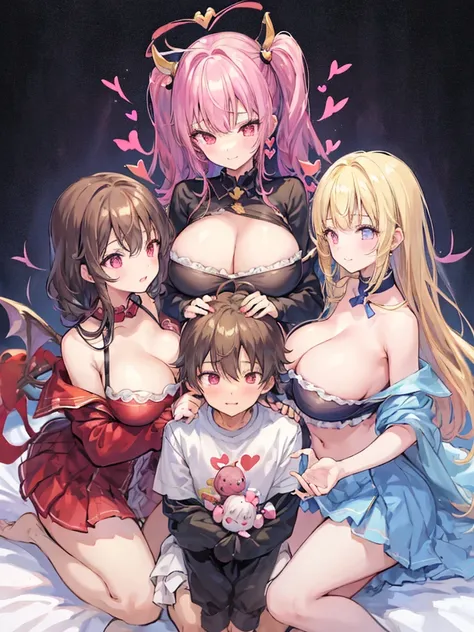 best quality, super fine, 16k, extremely detailed, delicate and dynamic, (3 women and 1 boy:1.4), cute woman,boy, baby face,black hair, pink eyes, A detailed eye, source_anime, high detail, hair ornament,smile, Young features, looking at viewer, (white bac...