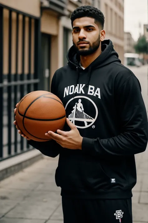 بین
A basketball player in a black hoodie with NBA written on it, his face is not clear, he is holding a basketball and the background is a beautiful street basket. And he must have a basketball in his hand.