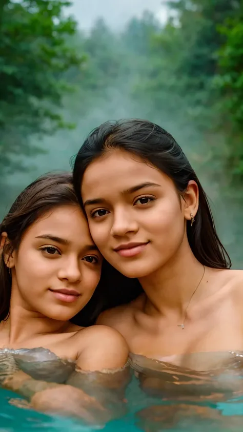 a beautiful detailed portrait of two topless sisters relaxing in an outdoor hot spring surrounded by a snowy landscape, steam ri...