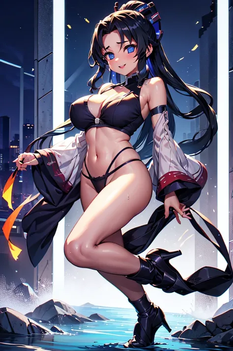 ((Highest quality、masterpiece、8k))、(((whole body、Are standing、Head to Toe、eight-headed body、One Woman)))、Ninja、Female ninja、Cleavage、Large Breasts、tits、Bursting Busty、Pelvic Curtain、hair ornaments、smile、Sweat、Wet、Attractive lips、Glowing Skin、Fair skin、High...