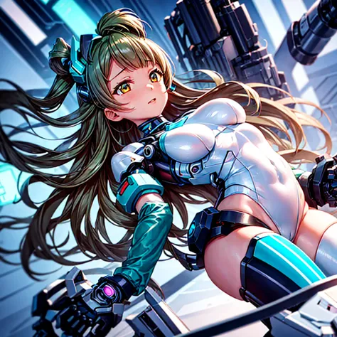 masterpiece, high quality, During the mechanized modification operation、Minami Kotori, who has been turned into a mechanical body cyborg、Surgery to convert to a gynoid cyborg body with exposed mechanical parts、A cyborg body for sexual purposes、Blue and whi...