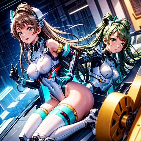 masterpiece, high quality, During the mechanized modification operation、Minami Kotori, who has been turned into a mechanical body cyborg、Surgery to convert to a gynoid cyborg body with exposed mechanical parts、A cyborg body for sexual purposes、Blue and whi...