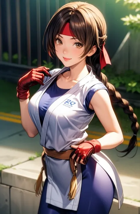 perfect eyes:1.2, detailed eyes:1.4, yurims, headband, ass, blue pantyhose, braided ponytail, brown hair, brown eyes, smile, dou...