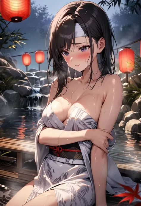 1girl, black hair,samurai (final fantasy), final fantasy character,seductive posture,blush,embarrassed,
preparing to enter hot spring, outdoor onsen scene,
wearing only a white towel or about to remove it,
long wet hair, some strands clinging to skin,
tenu...