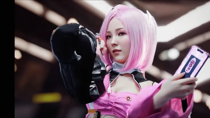 anime girl with pink hair and pink makeup holding a cell phone, dead or alive 6, as a character in tekken, from the azur lane vi...