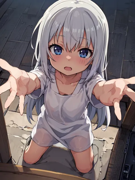 (8k, Raw photography, masutepiece, top-quality, Ultra-Details, anime), (Photorealsitic:1.5), super detailed skin, Beautiful detailed eyes, (8 years old beautiful loli), Split、open arms for viewer, from above,