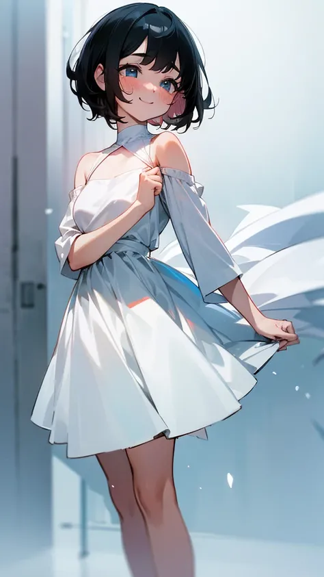 Blushing cheeks, pitiful face, short black hair, wearing a white dress, standing, beautiful, smiling faintly, ultra HD, ultra Details, HD, 4K., 