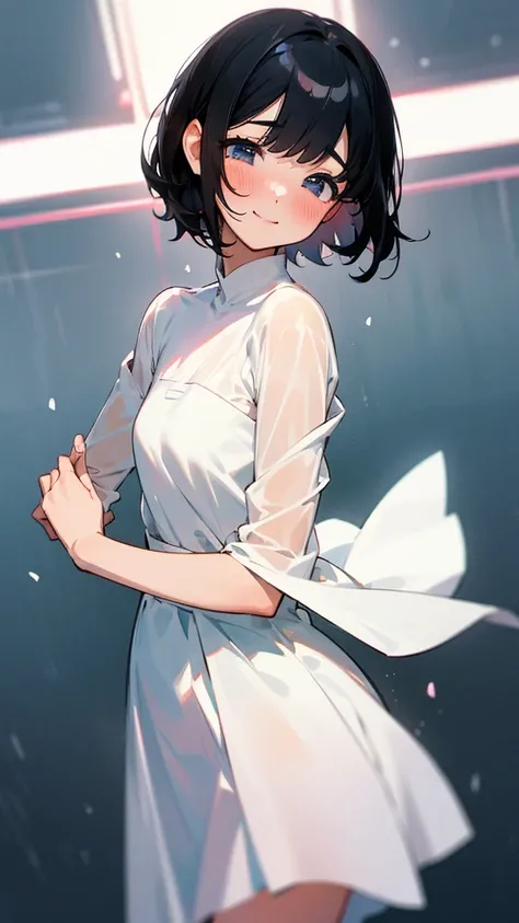 Blushing cheeks, pitiful face, short black hair, wearing a white dress, standing, beautiful, smiling faintly, ultra HD, ultra Details, HD, 4K., 