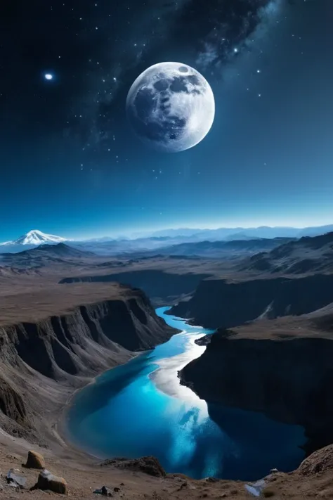 Super ultra Quality,Greatest detail,Masterpiece,ultra high resolution,ultra realistic 8k cg,Ultra Masterpiece,high end resolution,Imagenarium,amazing,dreamlike art,A lanscape surround blue cosmos resonate the moon, a fantasy world with a wide stunning view...