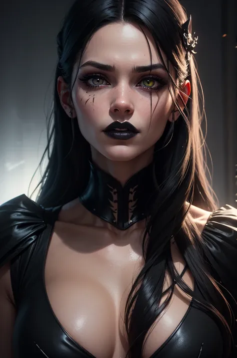 a beautiful young woman with long black hair, black dress, dark fantasy character, evil character, heavy black makeup, black lipstick, black veins, cat eye pupils, slitted pupils, masterfully detailed face, cinematic lighting, highly detailed, hyper realis...