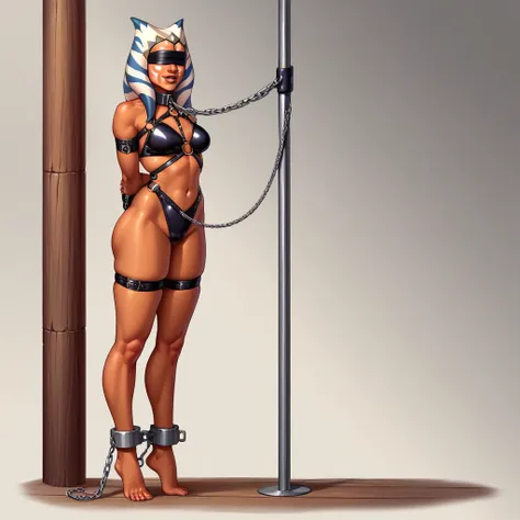 (masterpiece, best quality), intricate details,  ahsoka  (standing full body toe to head by wooden pole:1.2) iron collar, arms behind back, iron cuffs, shackles, bound, bondage outfit, harness, o-ring, bondage outfit blindfolded cover eyes, happy red cheek...