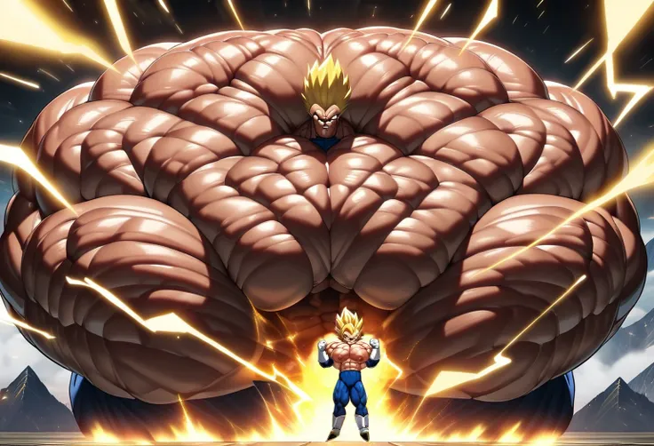 1boy, Vegeta, from Dragon Ball Z, masterpiece, best quality, very aesthetic, absurdres, saiyan, green eyes, spiked hair, (yellow hair:1.5), shirtless, blue skintight pants, white gloves, (huge muscles:2.5), dragonballartstyle, in the style of Akira Toriyam...