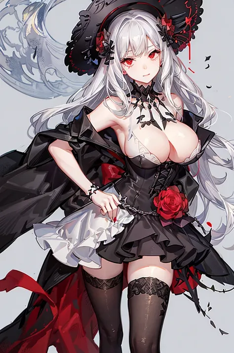 Female, sharp eyes, mature, seductive, white hair, ((white skeleton)), red flower, ((big boobs)) , illustration, 25 year old, bone, skull, ((bust-up)), red eyes, full black dress, black collar, luxurious,