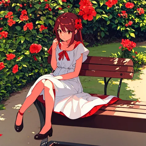 Light gray background　Red flower　Girl sitting on a bench　simple　