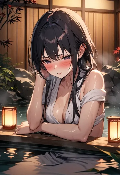 1girl, black hair,samurai (final fantasy), final fantasy character,seductive posture,blush,embarrassed,
preparing to enter hot spring, outdoor onsen scene,
wearing only a white towel or about to remove it,
long wet hair, some strands clinging to skin,
stea...