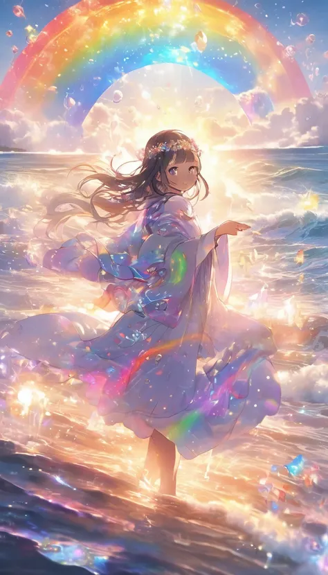 high resolution　masterpiece　Mysterious glowing spell casting girl, ((Fantasy Rainbow Ocean)), Vibrant colors, Great light, Detailed speech bubbles, Magical atmosphere, Nice views, Dreamy atmosphere, Sparkling, Roomy robes, The magic touch, Mysterious Creat...