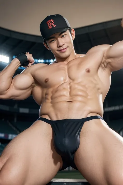 1 handsome Japanese bodybuilder guy，smirking smile, swelling muscle, front double biceps pose, White skin，slim fit muscular boy, Abs, chest muscle，musculous,  hairy bodies, wearing nothing, only a black micro thong, Baseball cap, Baseball stadium, Baseball...