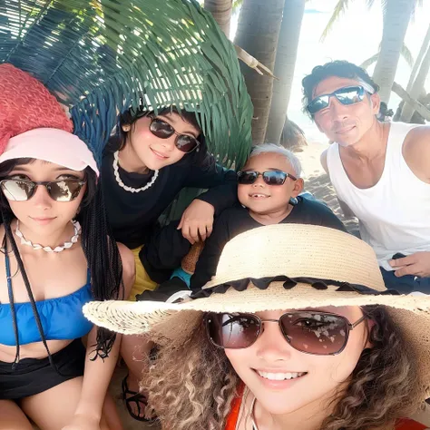 happy family gathered on the beach under several coconut trees, and close to the sea