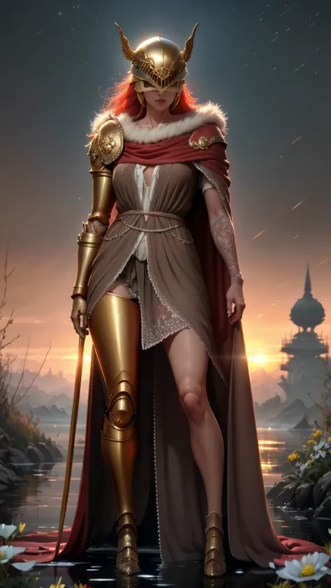 Highly detailed, High Quality, Masterpiece, beautiful, Malenia, prothestic leg, single mechanical arm, prosthesis, armor, cape, helmet, brown dress, sword, holding sword, full body, wide shot, flower, water, solo, sunset, stylebuff, night, (dark environmen...