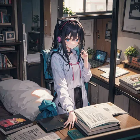 
Vertical portrait of a 15-year-old Taiwanese girl wearing over-ear headphones, sleeping on her computer desk in a dimly lit room. A cat is curled up next to her, and an open book lies beneath her head. The scene is captured in Lo-fi photography style with...