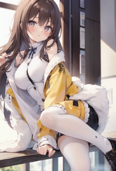 1.5),(girl),(dynamic pose),brown hair,(vermilion eyes),(first round),big breasts,white dress,yellow coat,korone