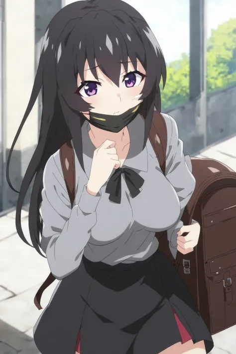 anime girl with a backpack and a mask on her face, purple eyes, anime moe artstyle, cute anime waifu in a nice dress, anime visu...