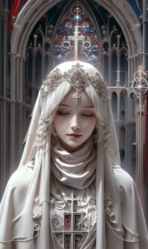 《goddess》, Gothic Style, pale colour、pastel colour, Highly detailed illustration, Ultra-high definition images, Gorgeous costume details, Complex clothing, (cathedral:1.6)(Beautiful and clear background:1.4), (Transparent eye mask:1.1), (scarf:1.3),Long H...