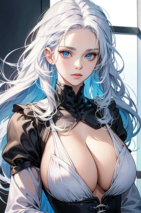 woman with white hair, big hair, and blue eyes, and big breasts 