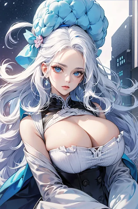 woman with white hair, big hair, and blue eyes, and big breasts 