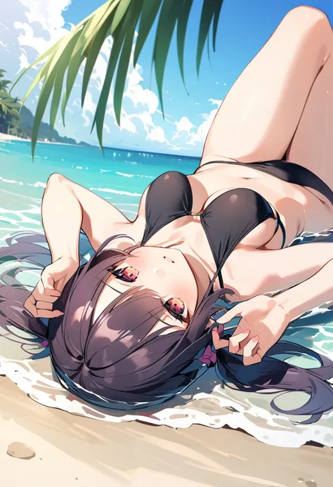 1girl,bikini,lying on back,beach,pretzel pose