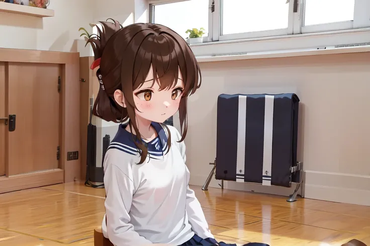 A female student in a sailor uniform sitting on the floor of the gymnasium and watching a physical education class because she feels unwell,(masterpiece, best quality:1.2),illustration,8k,HD,1girl,独奏,upper body,(portrait:1.2),brown_hair,folded_ponytail,bro...