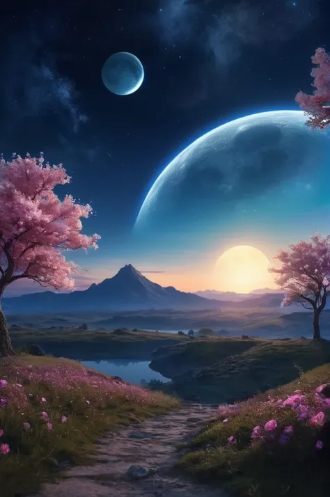 Super ultra Quality,Greatest detail,Masterpiece,ultra high resolution,ultra realistic 8k cg,Ultra Masterpiece,high end resolution,Imagenarium,amazing,dreamlike art,A lanscape surround blue cosmos resonate the moon, a fantasy world with a wide stunning view...