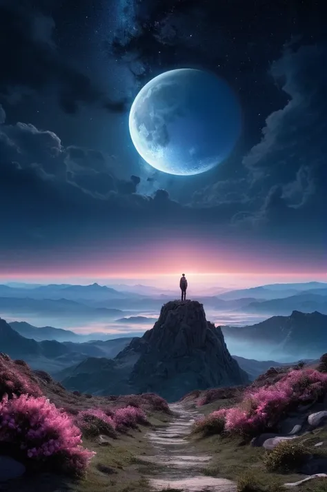 Super ultra Quality,Greatest detail,Masterpiece,ultra high resolution,ultra realistic 8k cg,Ultra Masterpiece,high end resolution,Imagenarium,amazing,dreamlike art,A lanscape surround blue cosmos resonate the moon, a fantasy world with a wide stunning view...