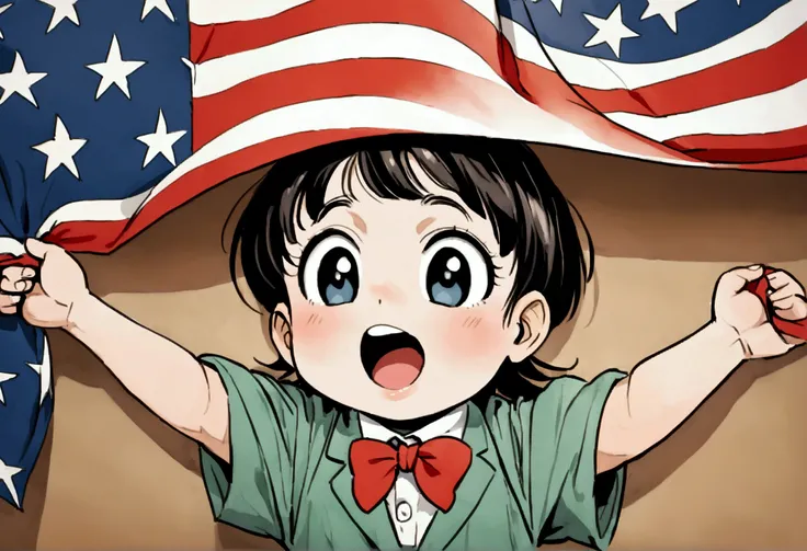 Classic TV, the little rascals, playfully hold up a MAGA banner, An american flag in the background
