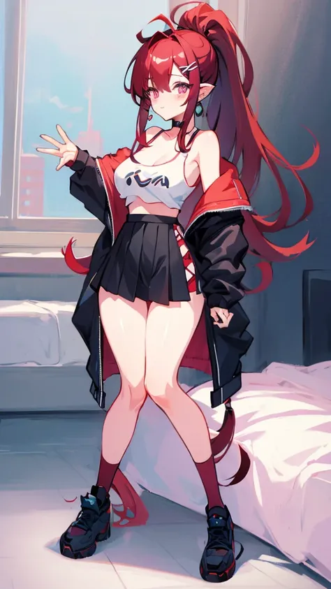 high tail hairstyle, Ponytail hairstyle, Long wavy black hair, standing posing, anime girl style, pixel art anime style,penetrating look with deep eyes,red and purple eyes, hair with a ponytail hairstyle trapped with a big red bun, women, red hair clips, x...