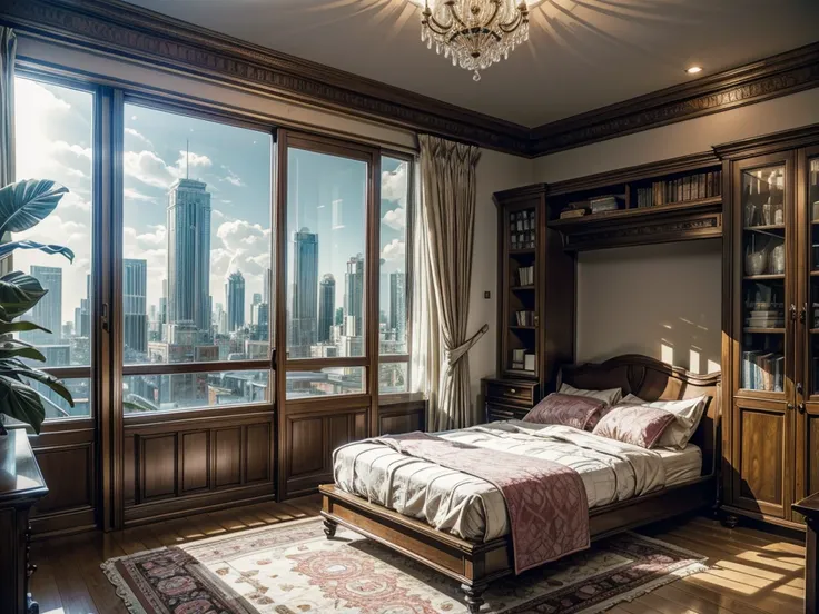 8KHD，9：16 vertical pictures，vertical picture，Glass House，Glass House，超大Floor-to-ceiling windows，There is a pink bed in the room，curtain，TV set，bookshelf。The wall is glass window， 房间里最重要的是有big bed，8K picture quality，Best quality，masterpiece，HD，Super rich de...