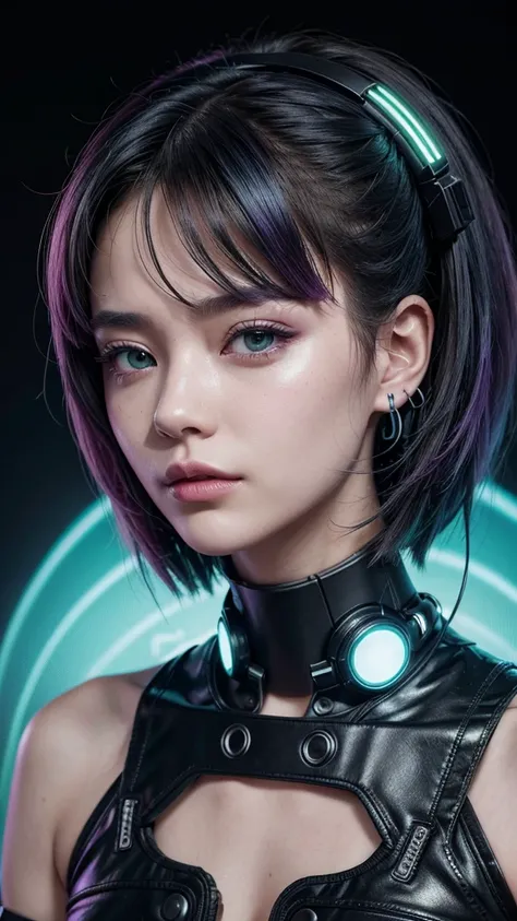 A captivating techno-fashion piece, highlighting a cyber-punk corean model with a gradient of neon green to hot purple hair. The portrait blends high-tech accessories with bold color choices, set against a vibrant backdrop. Her face combines human features...