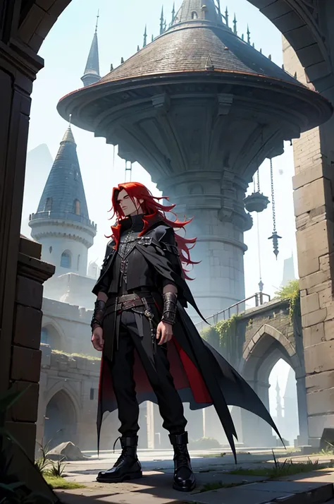 Wizard, tan skin, lattin, black clothing, goth, long red hair, fashion, magic, hole body, cropped, pants, shoes, magic, modern, futuristic wizard, castle, skinny body