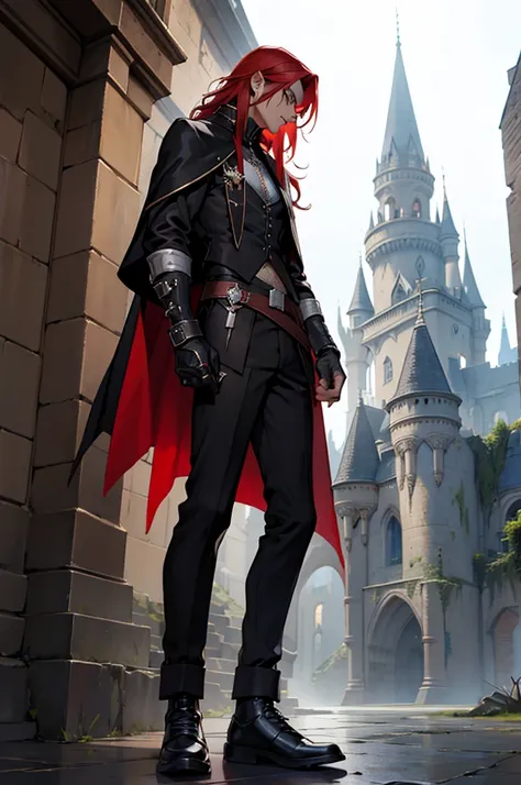 Wizard, tan skin, lattin, black clothing, goth, long red hair, fashion, magic, hole body, cropped, pants, shoes, magic, modern, futuristic wizard, castle, skinny body