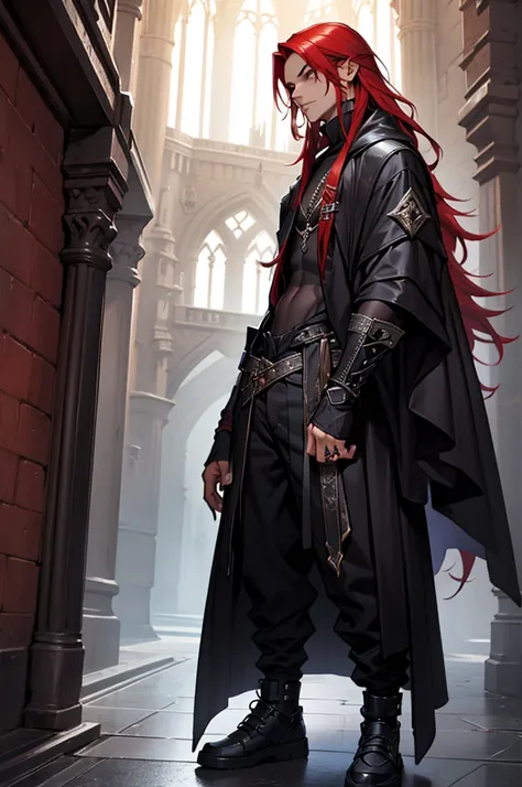 Wizard, tan skin, lattin, black clothing, goth, long red hair, fashion, magic, hole body, cropped, pants, shoes, magic, modern, futuristic wizard, castle, skinny body